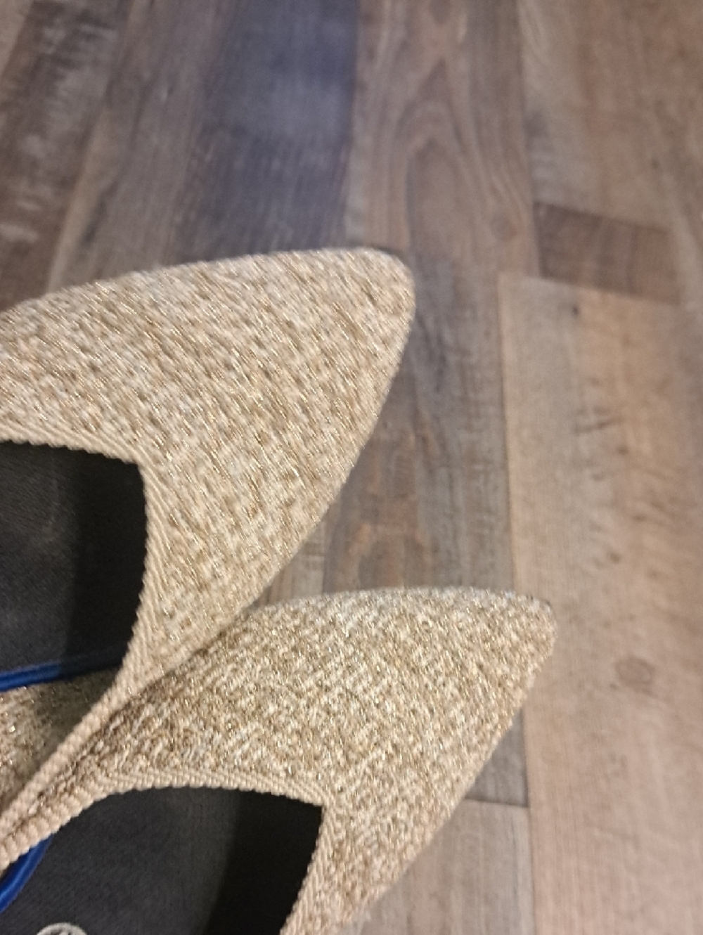 Rothy's Metallic Gold Pointed Knit Flats with Blue Trim 10 - Picture 6 of 7
